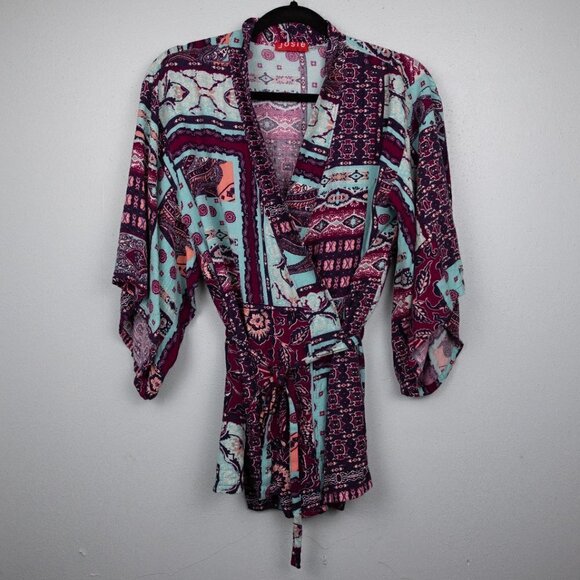 Josie Natori mixed print short kimono-XS - Picture 1 of 6